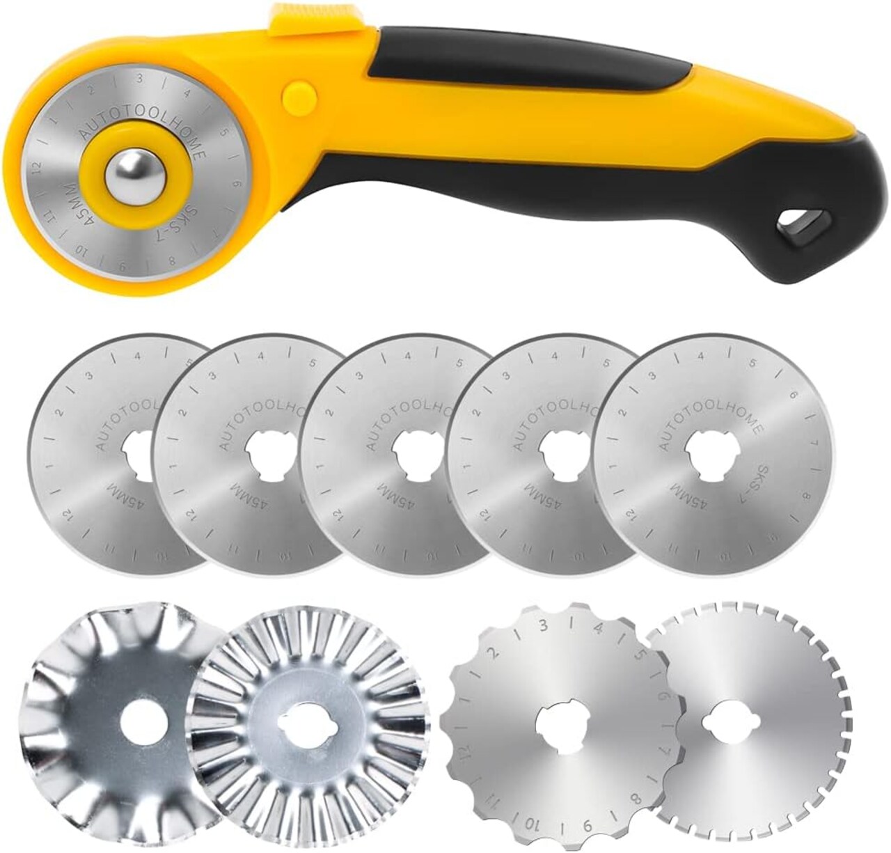 45mm Rotary Cutter with 9pcs Extra Blades Automatic Fabric Roller Cutter Perforator Crochet Edge Pinking Rotary Blades for Quilting, Sewing, Crafting